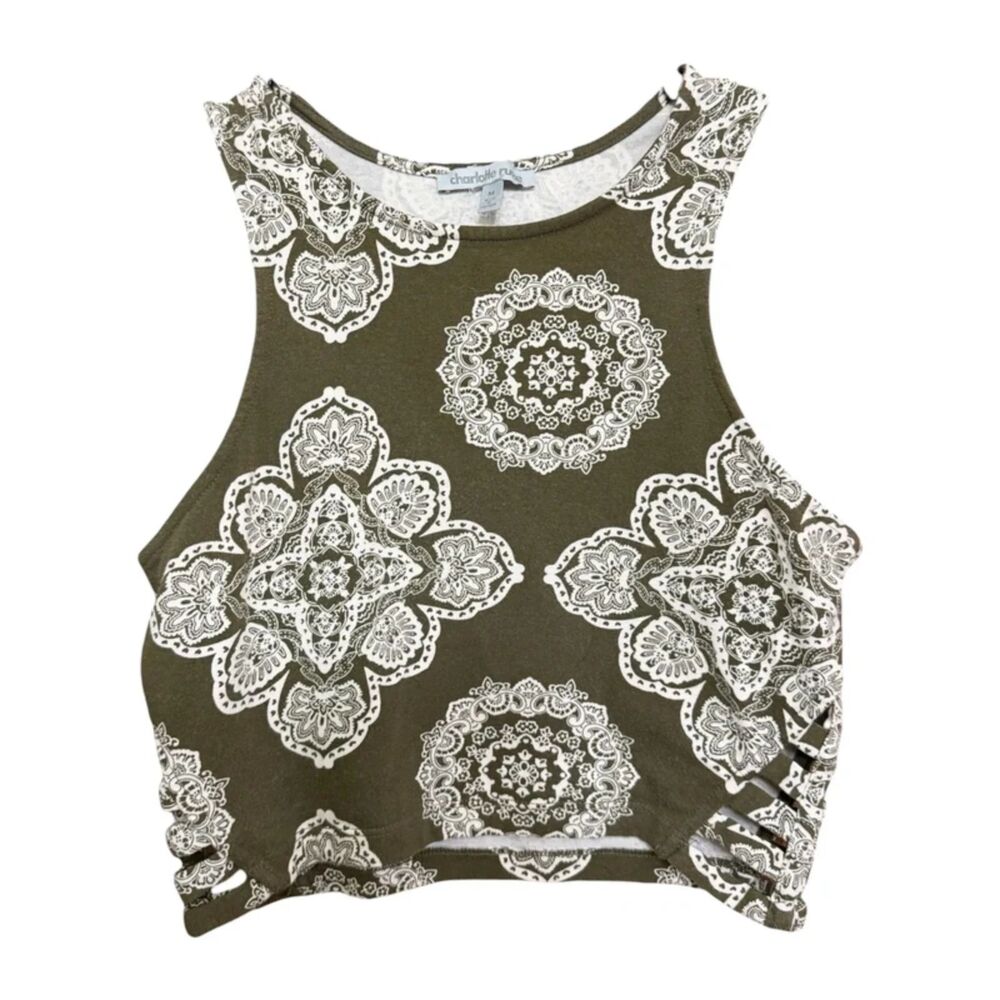 Charlotte Russe Olive Green Mandala Print Side Cut-Out Crop Top - Size Medium